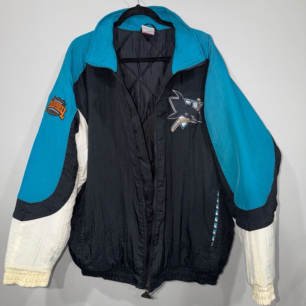 NHL San Jose Sharks Black Teal White Vintage Puffer Jacket